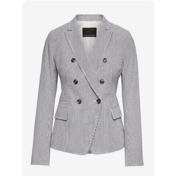 Banana Republic Seersucker Blazer Jacket Navy Stripe Size 2 Double Breasted - Picture 1 of 16